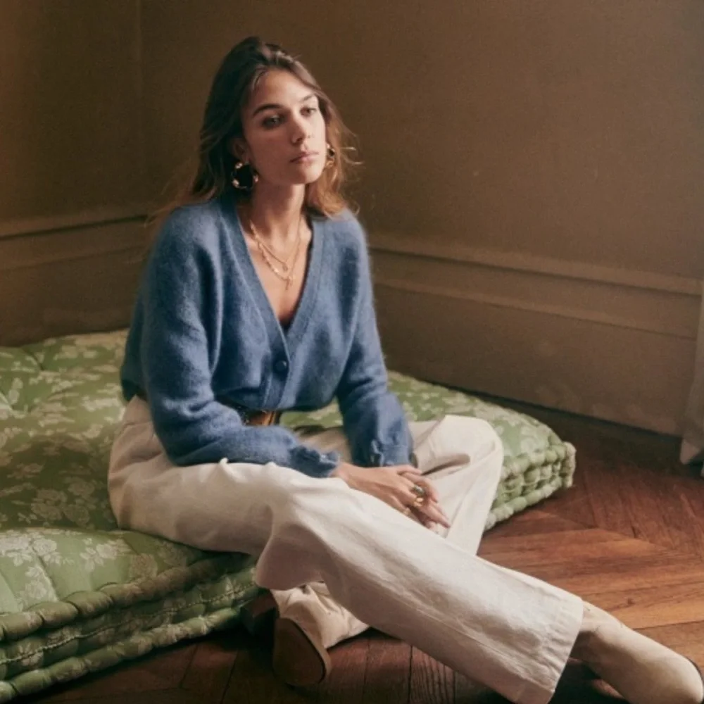 SEZANE Blue Mohair Wool Balloon Sleeve Oversized Mia V Neck Cardigan Sweater - Picture 11 of 16